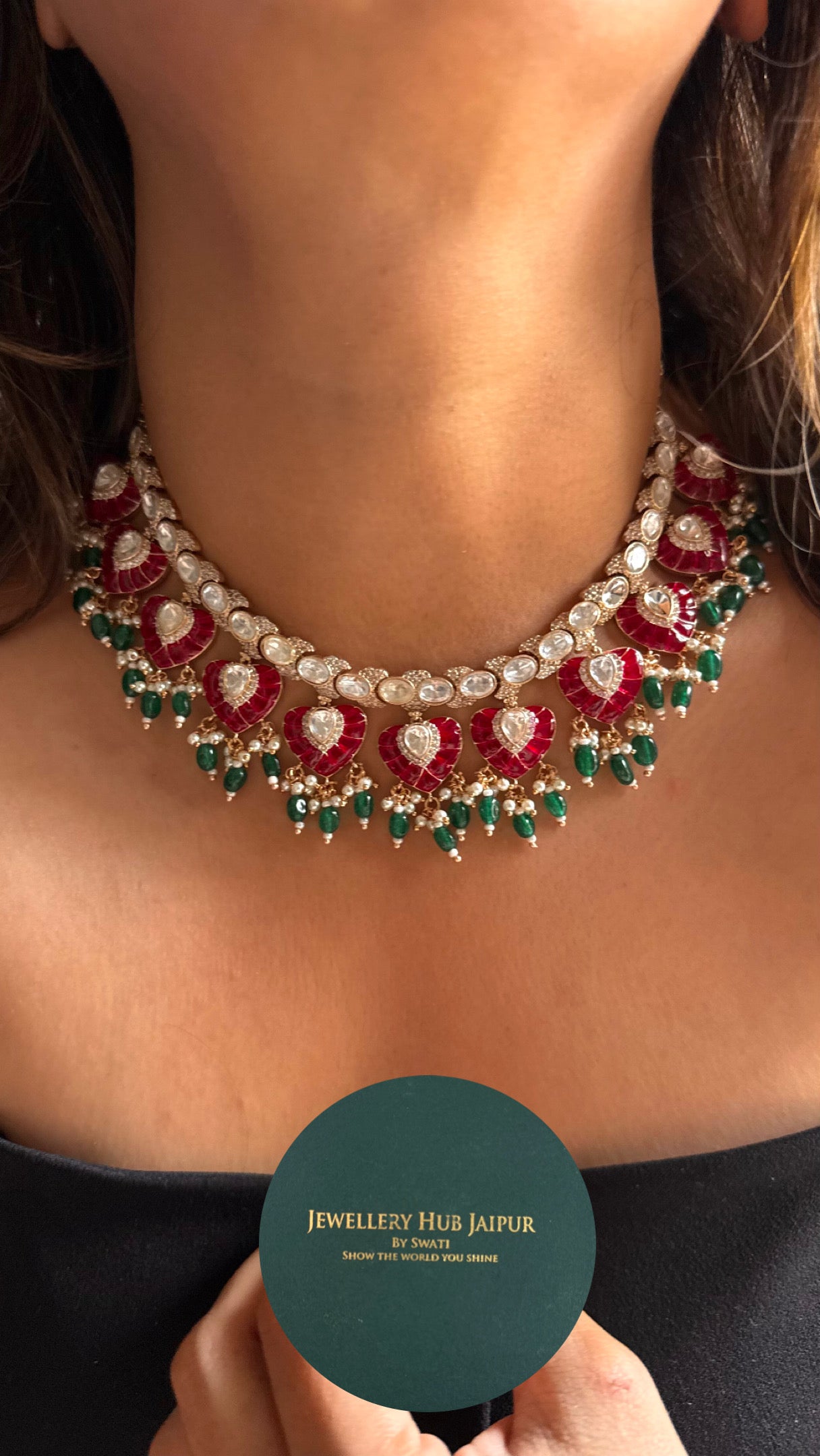 Rani pink ruby with emerald drops collar necklace