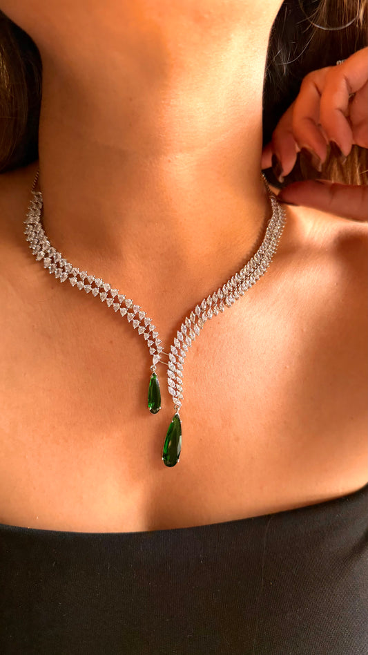 Emerald slight drop cz diamond necklace