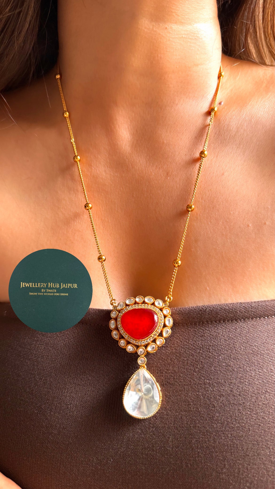 Ruby doublet moissanite uncut polki pendant set