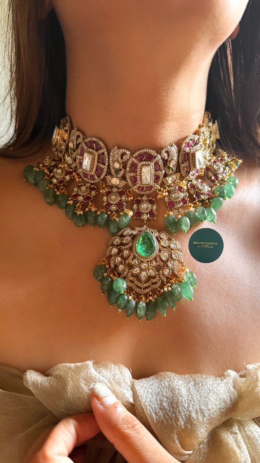 Emerald doublet & Rani pink with mint strawberry drops choker set