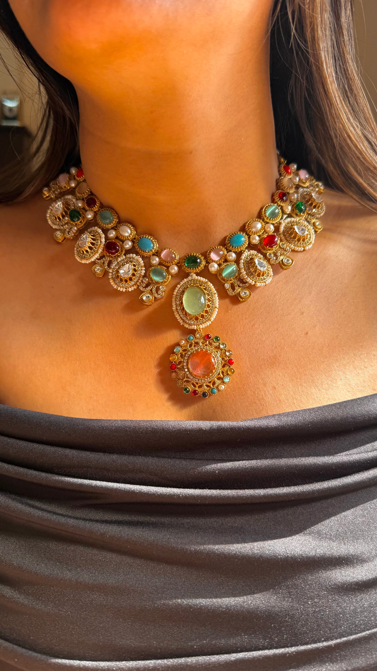 Navratna peach & mint pendant choker set