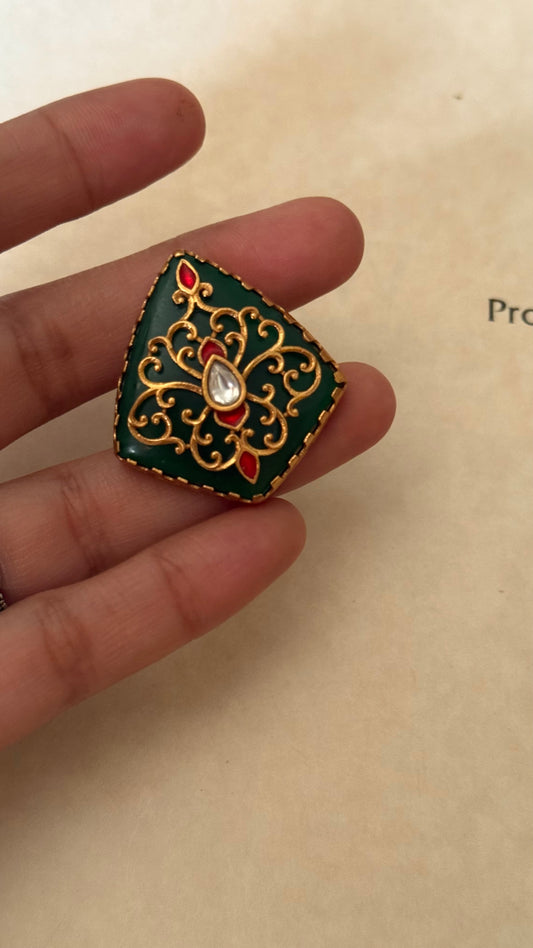 Emerald with inlay work adjustable ring