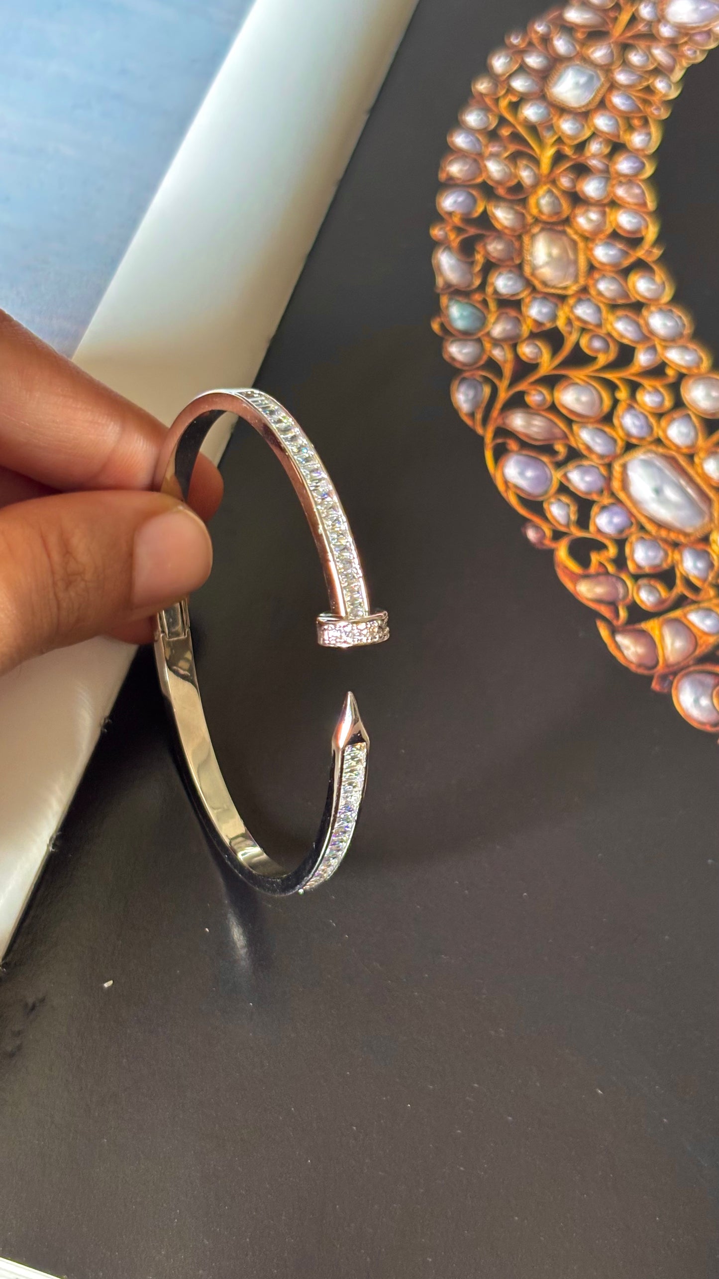 Silver Tone with diamond Open Nail Bracelet