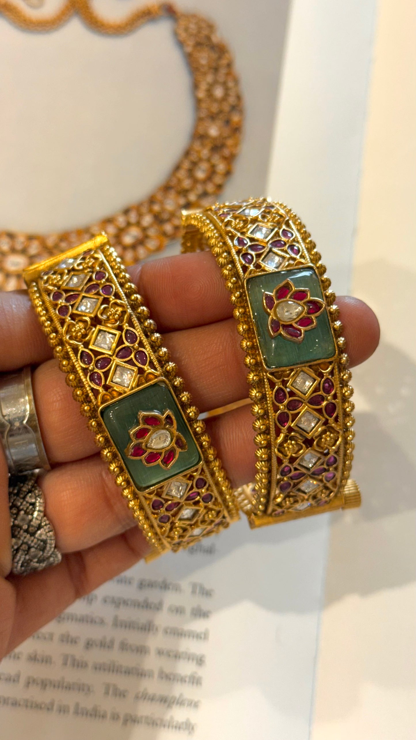 Mint inlay lotus designer gold Rajwada bangles