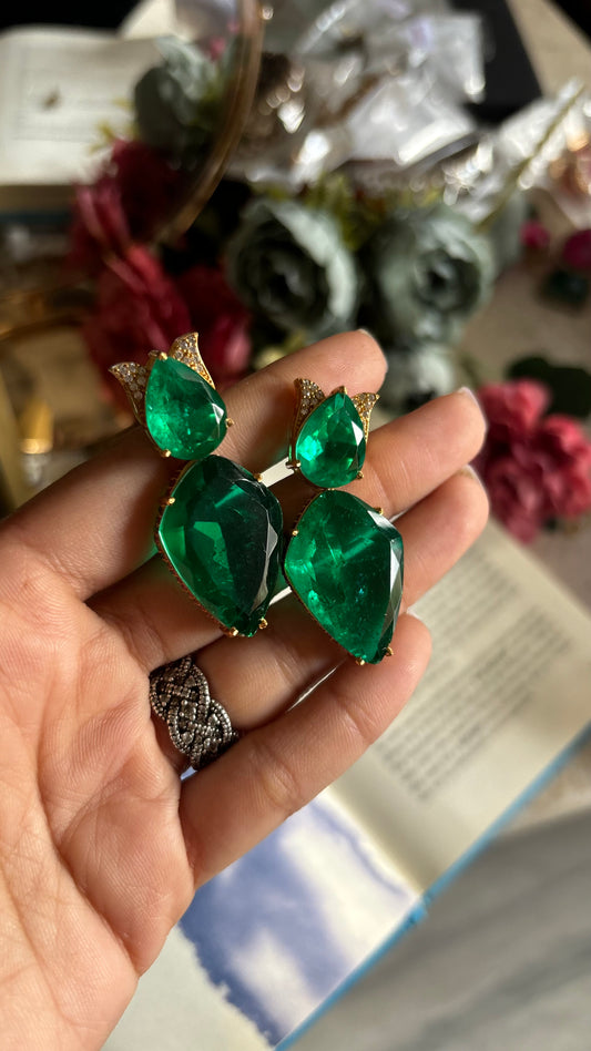 Emerald doublet designer danglers with ruby lining
