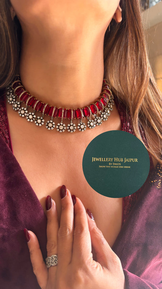 Ruby floral moissanite and doublet diamond collar necklace