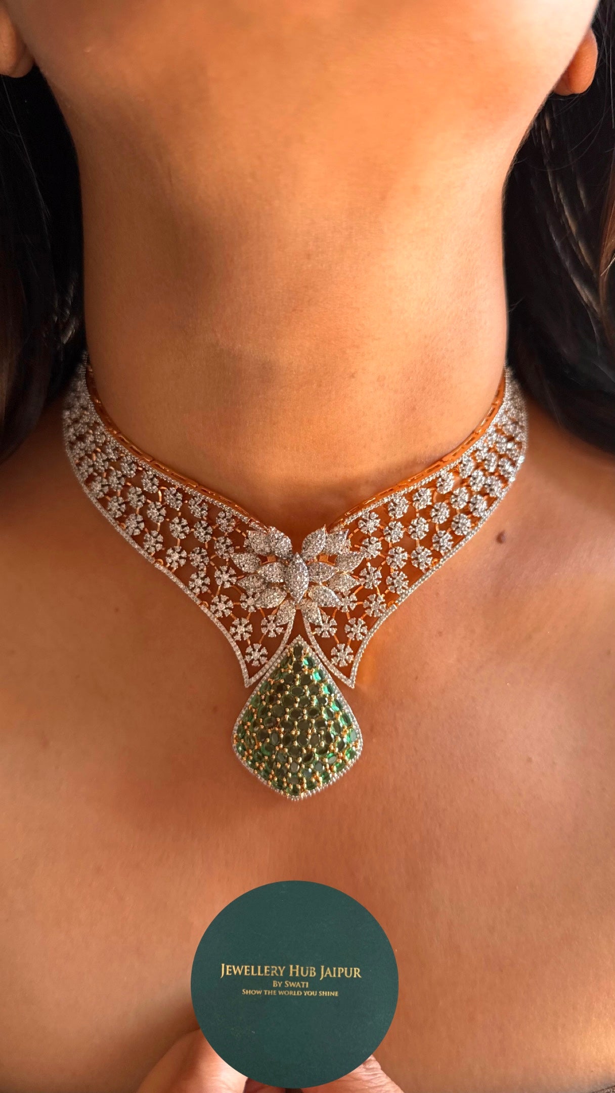 Emerald rose gold designer cocktail Necklace