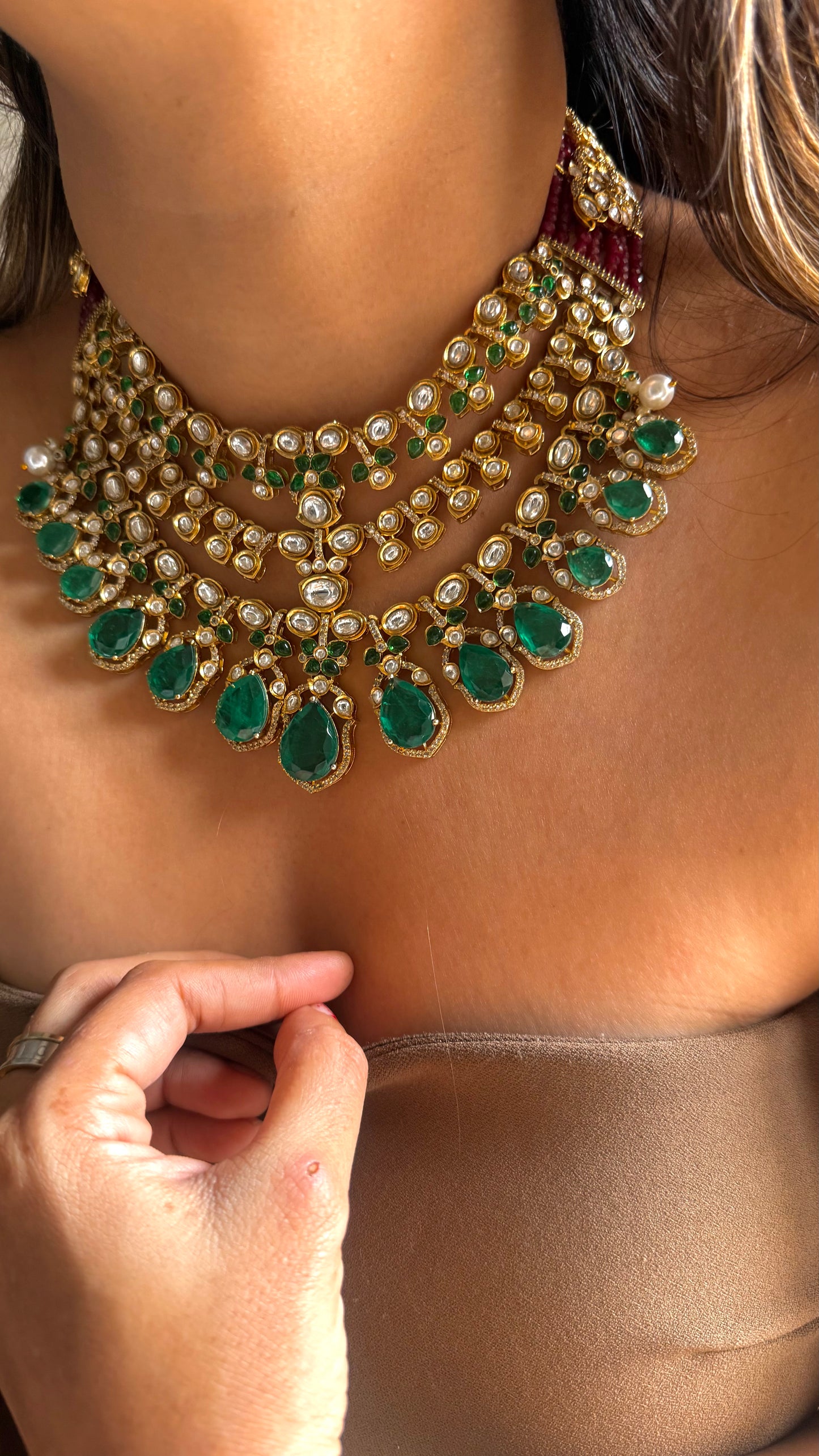 Emerald doublet & ruby polki work necklace
