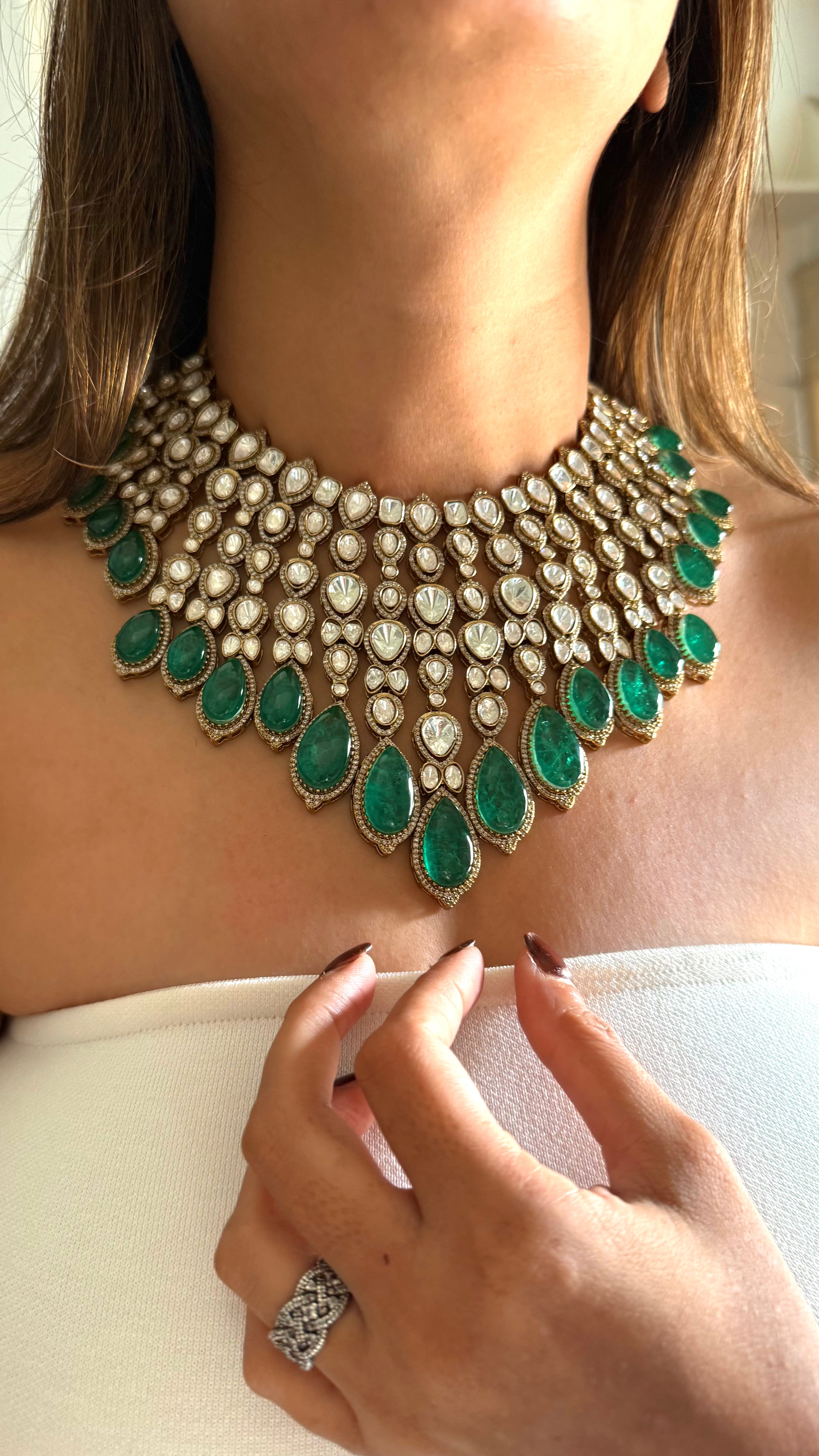 Emerald doublet leaf & moissanite set