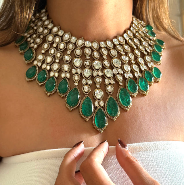 Emerald doublet leaf & moissanite set