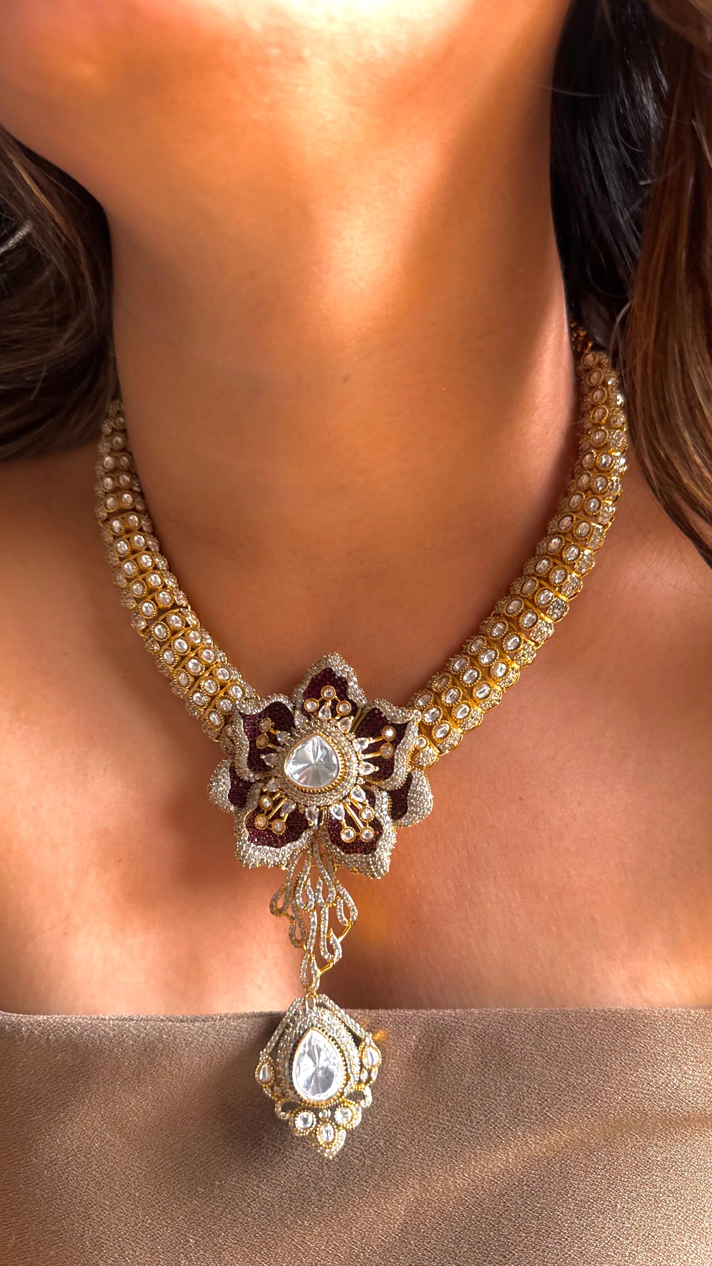 Ruby cluster setting cocktail necklace