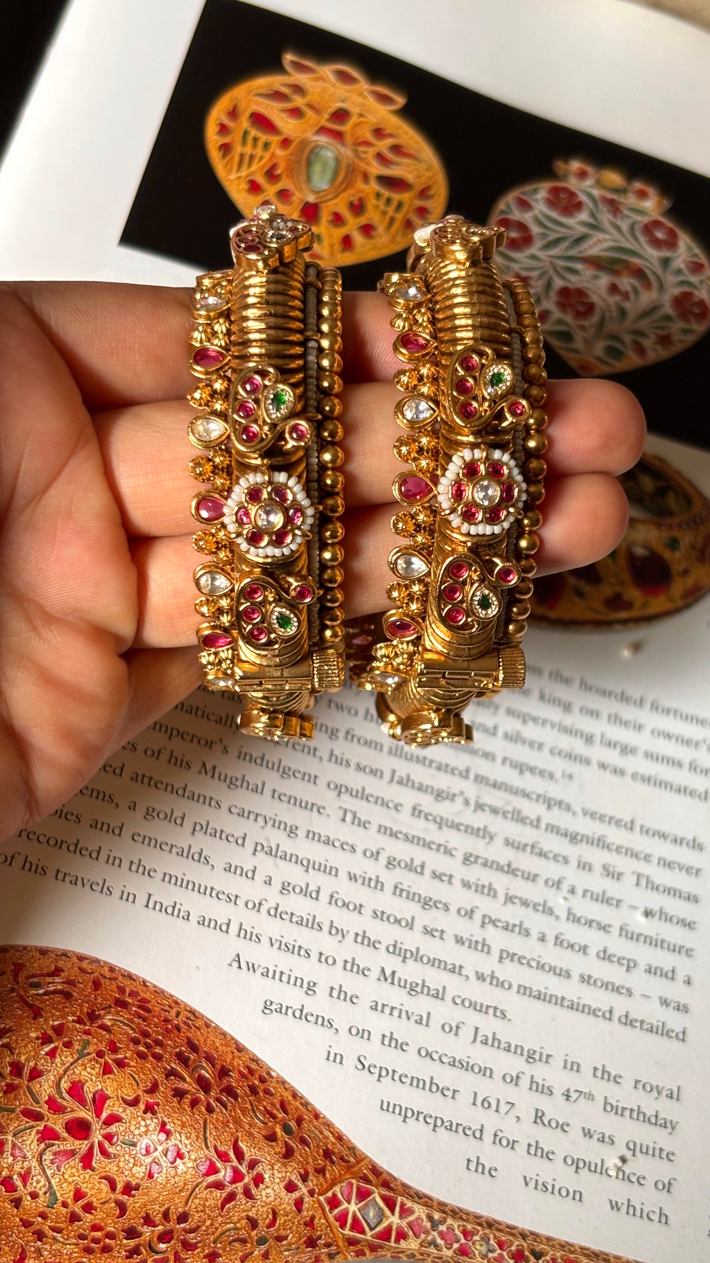 Peacock inspired with floral rani pink ruby & emerald rajwada bangles