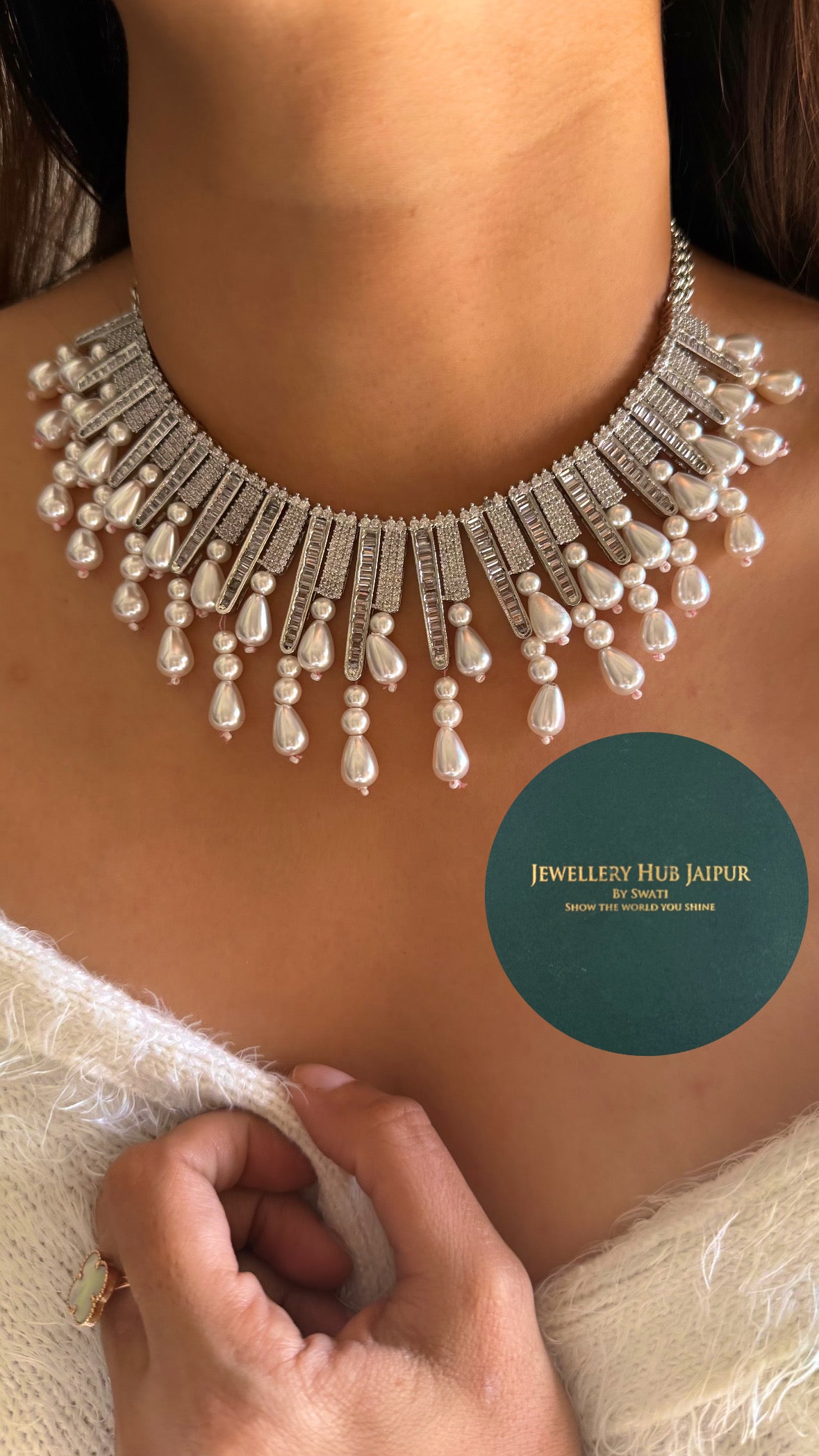 Tear shape pearl drop diamond necklace