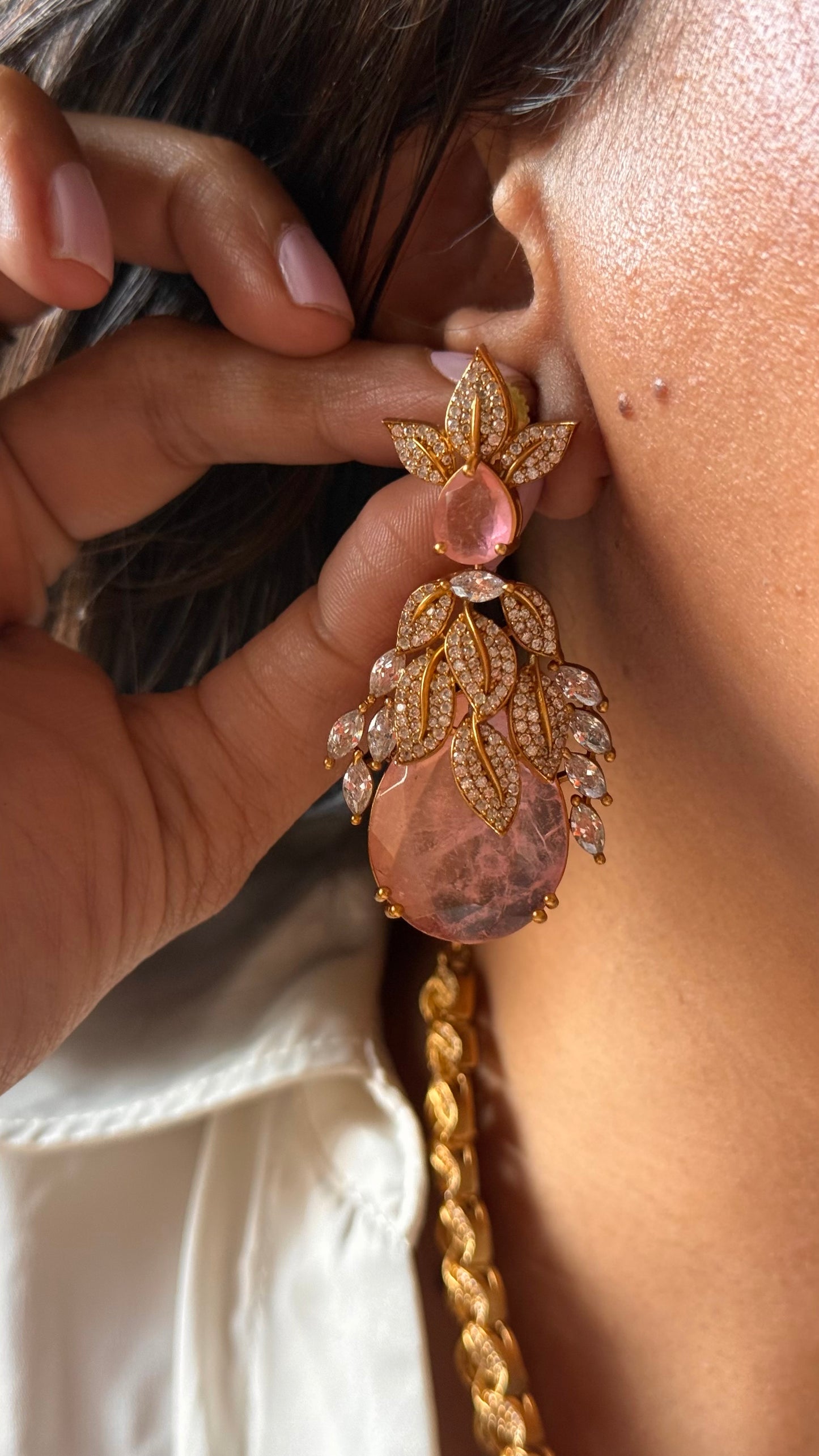 Leaf inspired rose quartz doublet designer Necklace