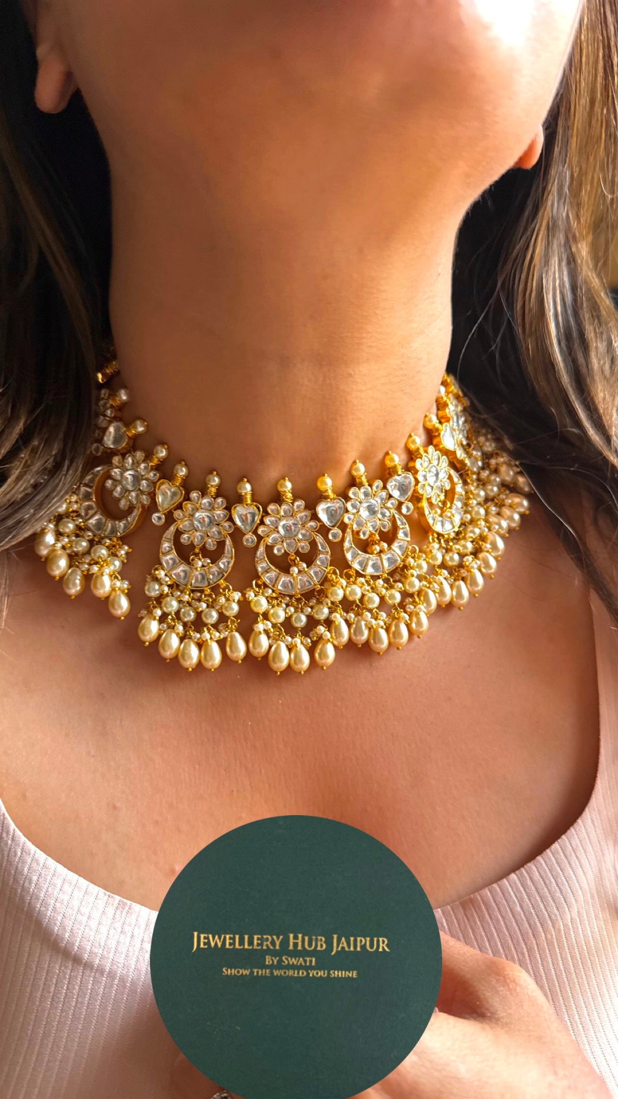 Paachi Kundan jadau half moon shape with tear drop choker necklace