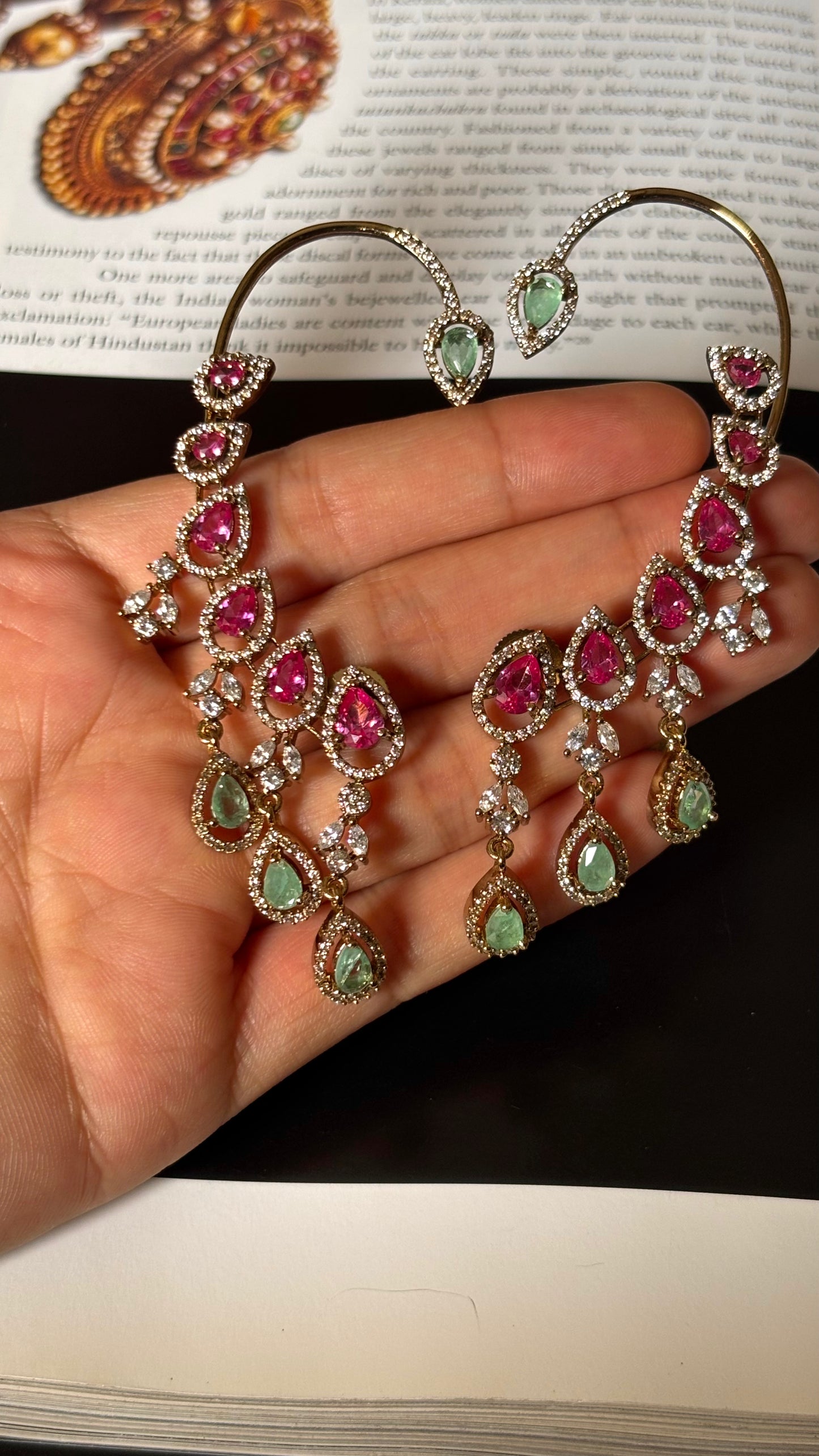 Rani pink & mint doublets with cz diamond earcuff earrings