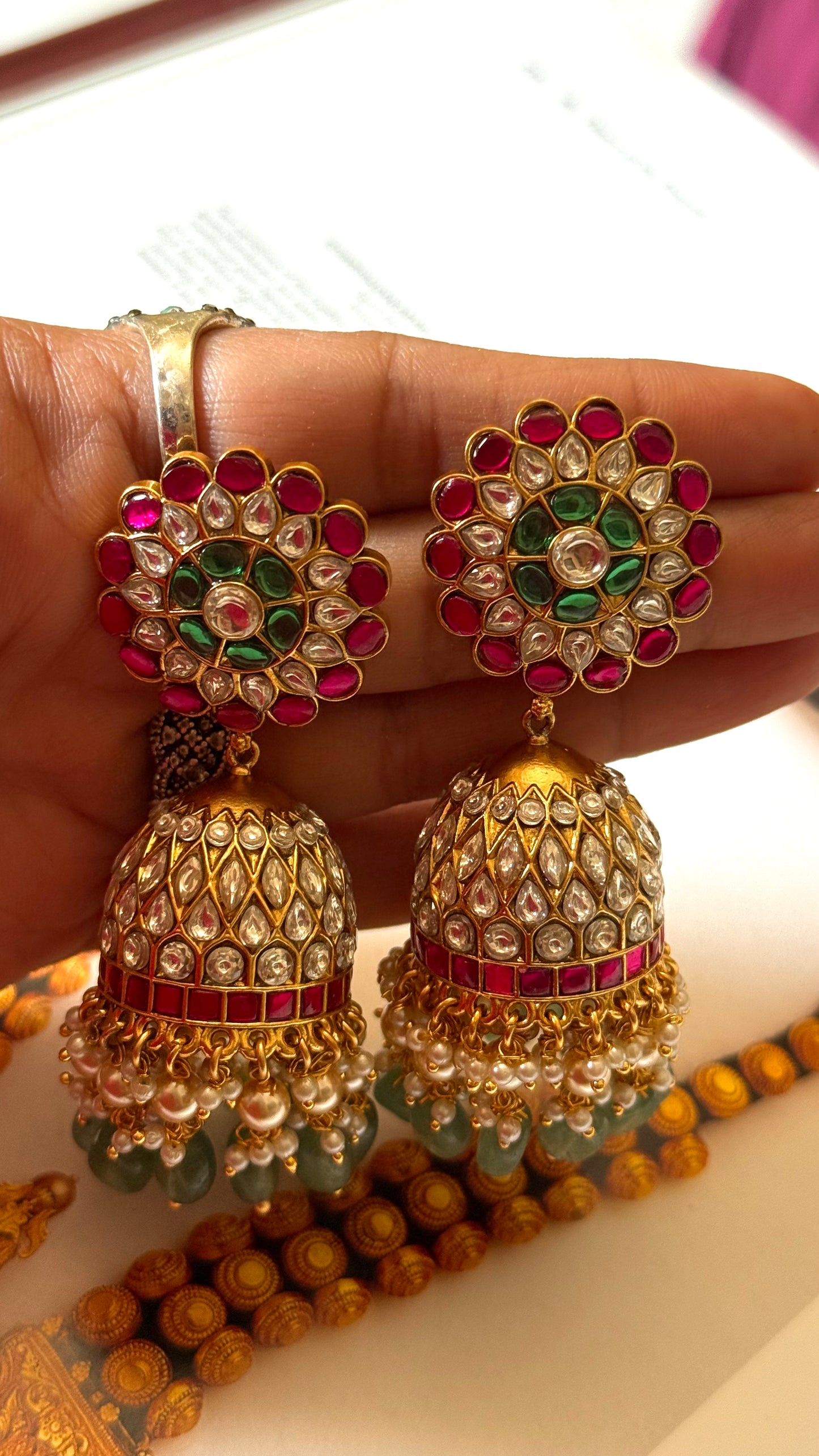 Ruby & emerald with mint drops Paachi  Kundan jhumki