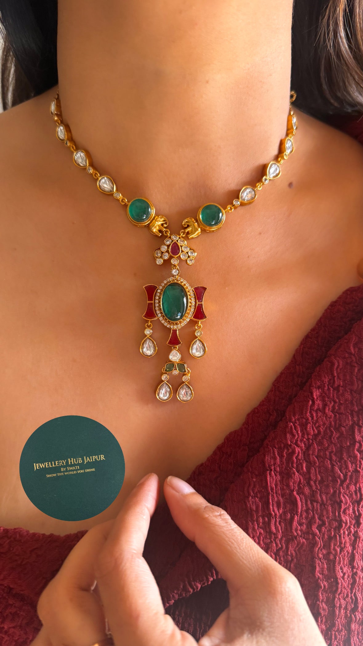 Emerald & rani minimal pendant set