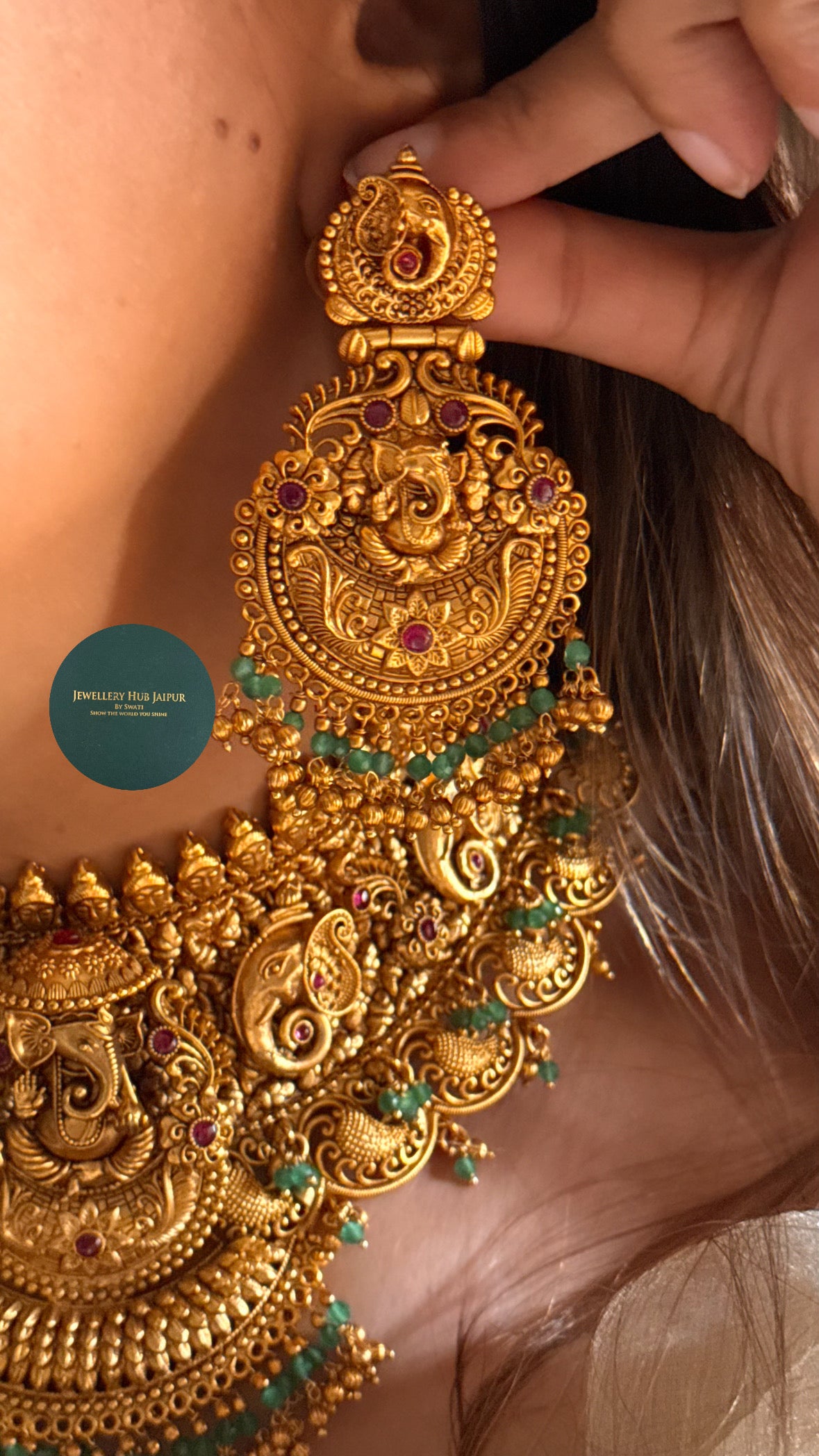 Lord ganesh and rani pink with mint drop choker set