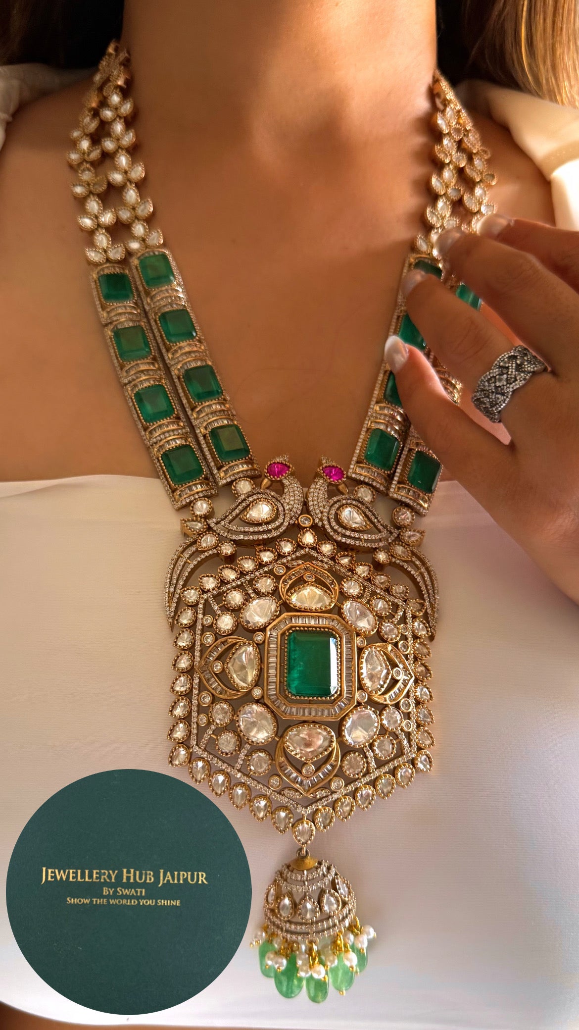Vandana emerald Moissanite peacock mid length necklace