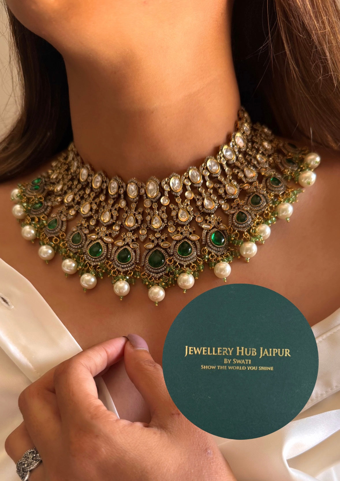 Tashvi Emerald doublet Moissanite polki with pearl necklace