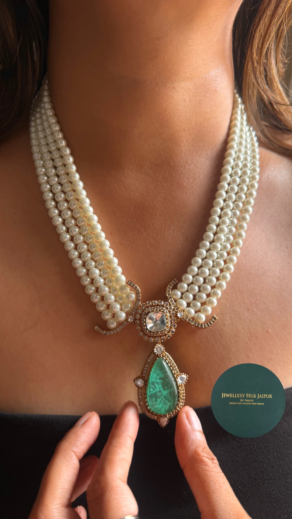 Mint doublet pendant with pearl detailing necklace