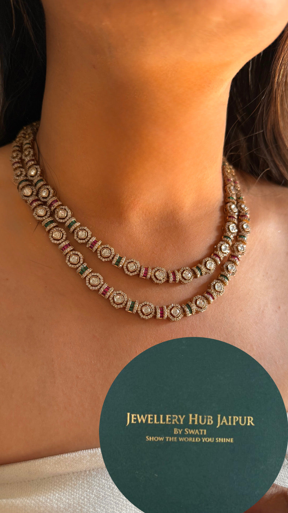 Ruby & Emerald takkar work dual line moissanite necklace