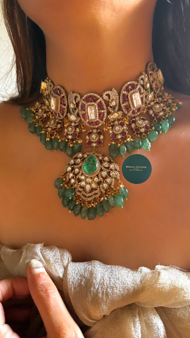 Emerald doublet & Rani pink with mint strawberry drops choker set