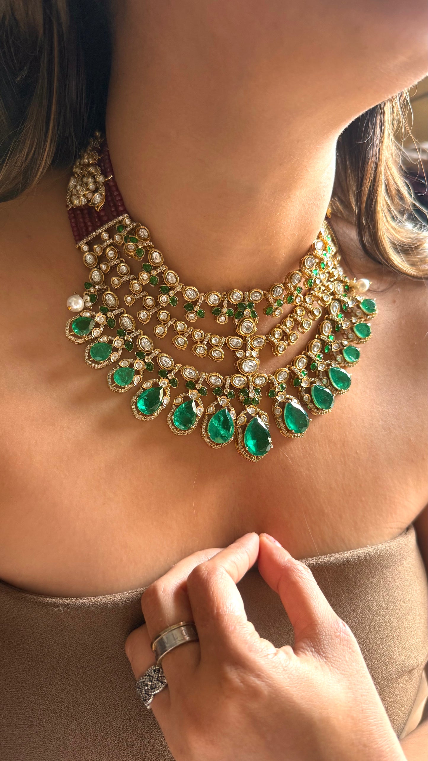 Emerald doublet & ruby polki work necklace