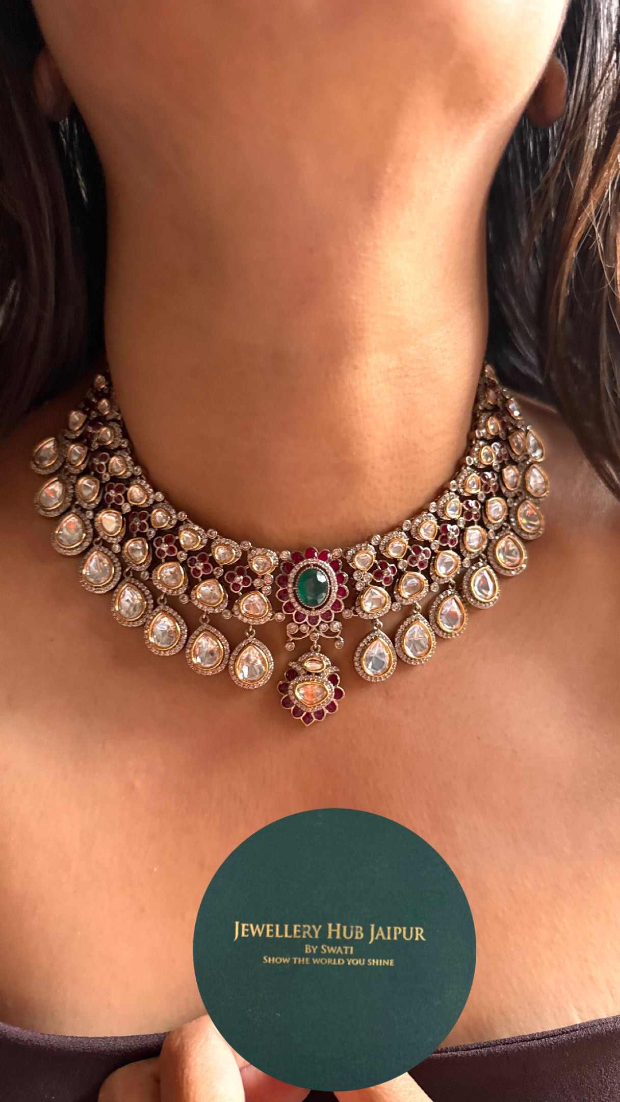 Emerald & ruby vintage moissanite polki necklace