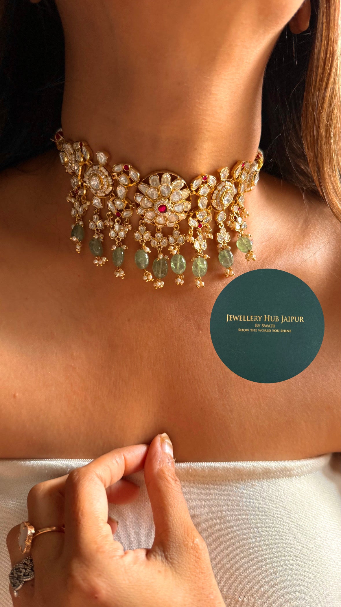 Rani pink real moissanite with mint drop choker set