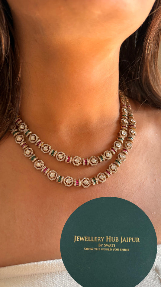 Ruby & Emerald takkar work dual line moissanite necklace