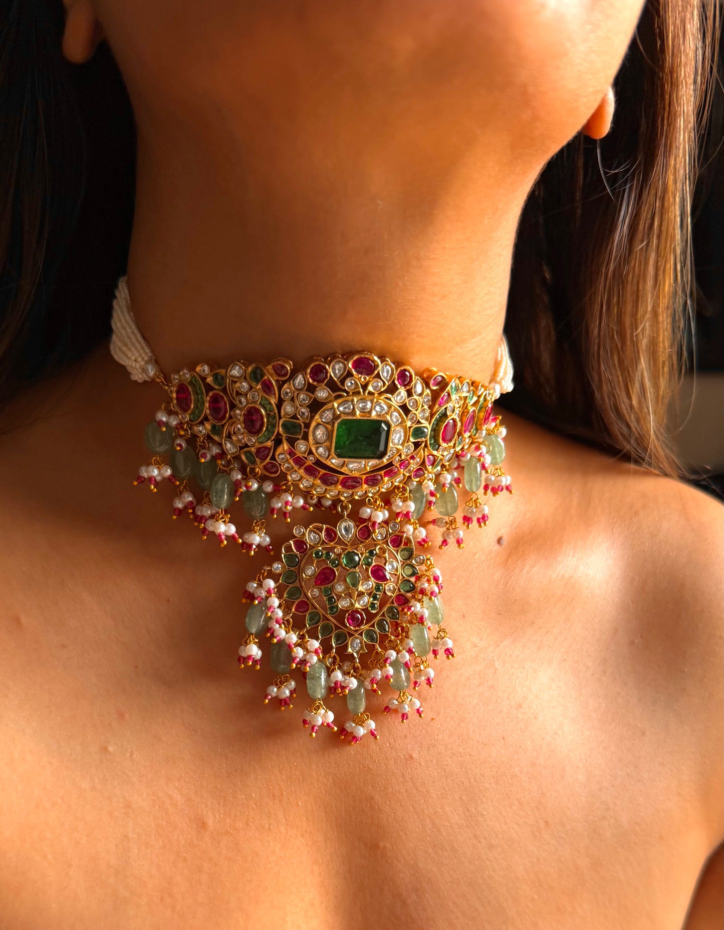 Rukmani Emerald doublet & rani pink Moissanite with mint drop rajwada choker