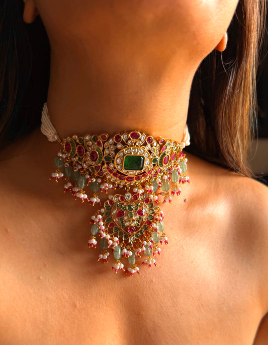 Rukmani Emerald doublet & rani pink Moissanite with mint drop rajwada choker