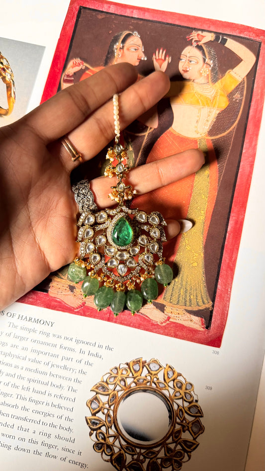 Emerald doublet moissanite with mint drop maangtika