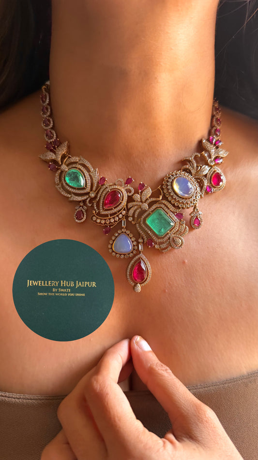Ruby doublet, mint & sky blue designer cocktail collar set