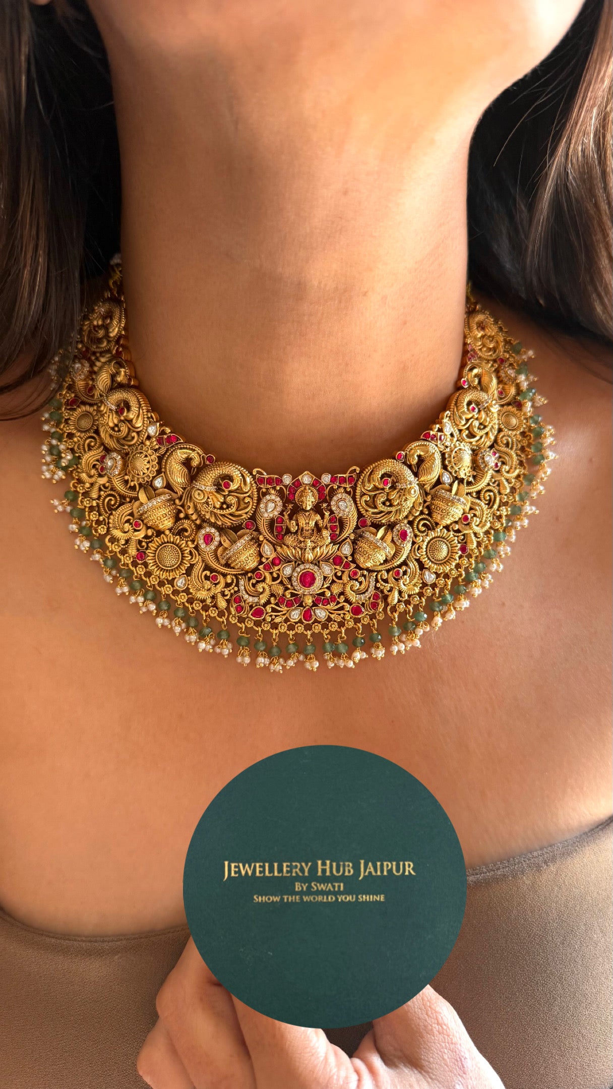 Rani pink ruby with mint goddess Laxmi collar necklace