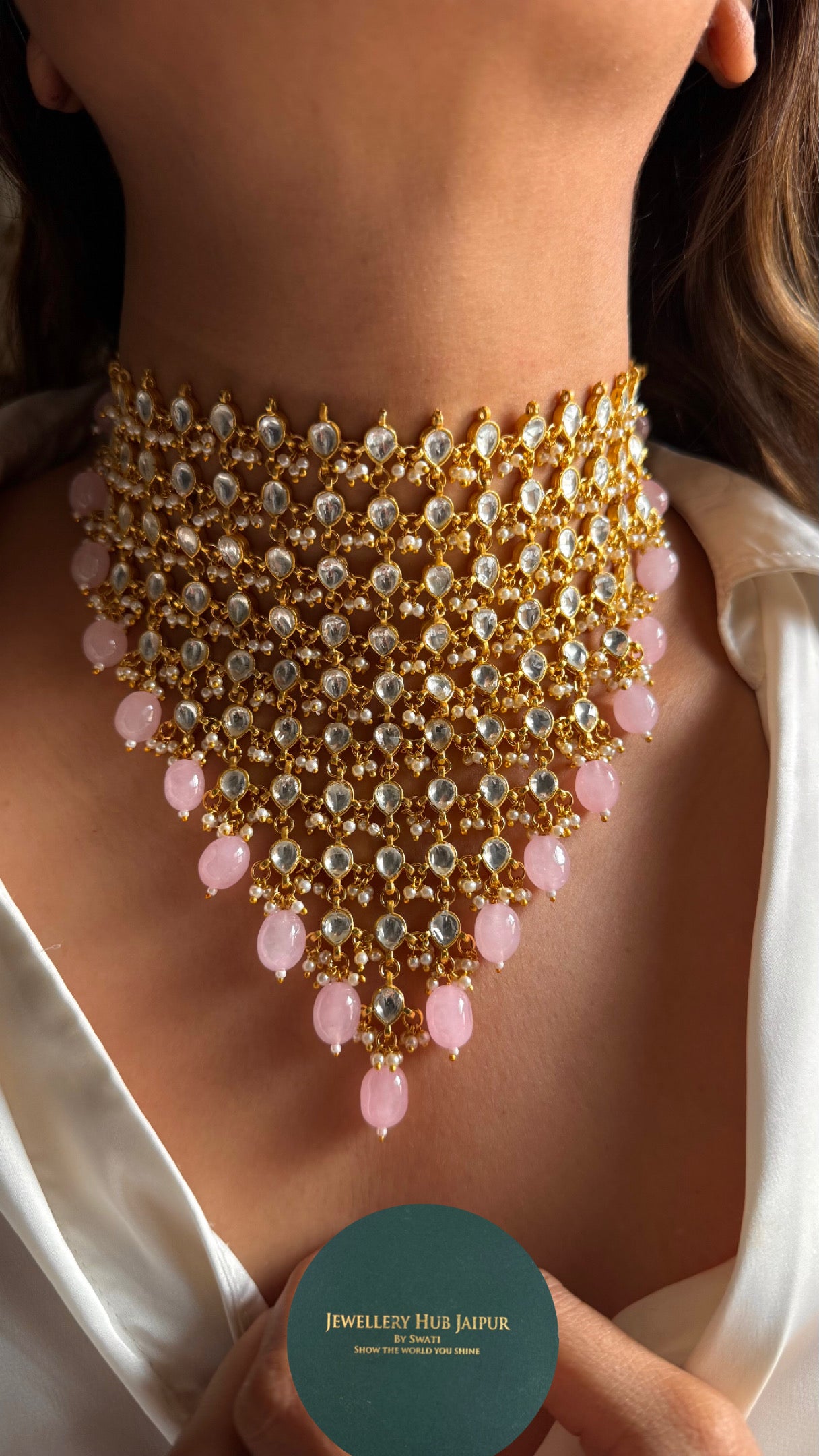 10 layered paachi Kundan rose quartz strawberry Necklace