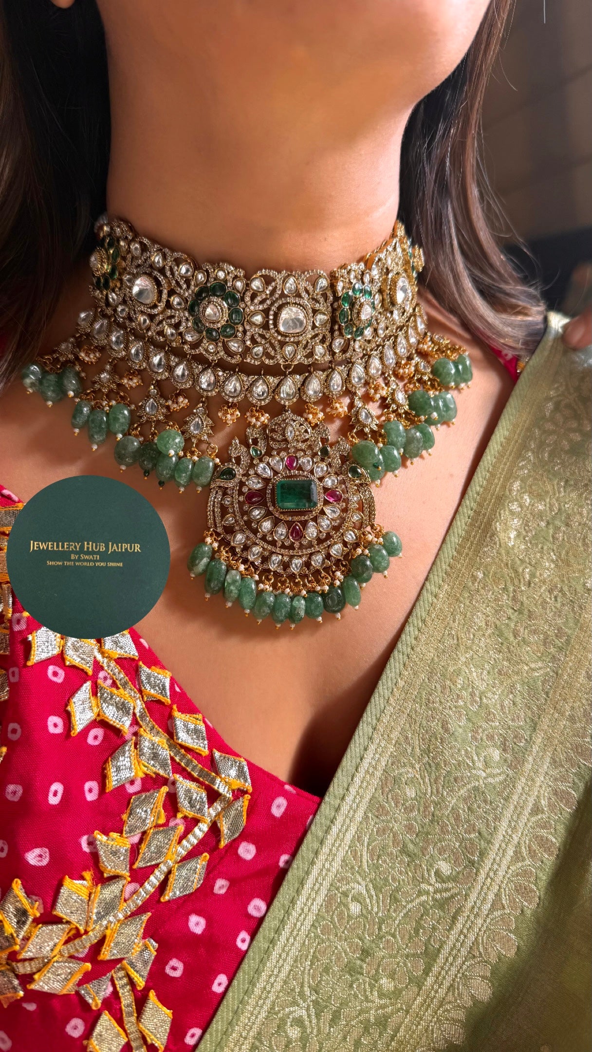 Emerald doublet & Rani pink with mint drops choker set
