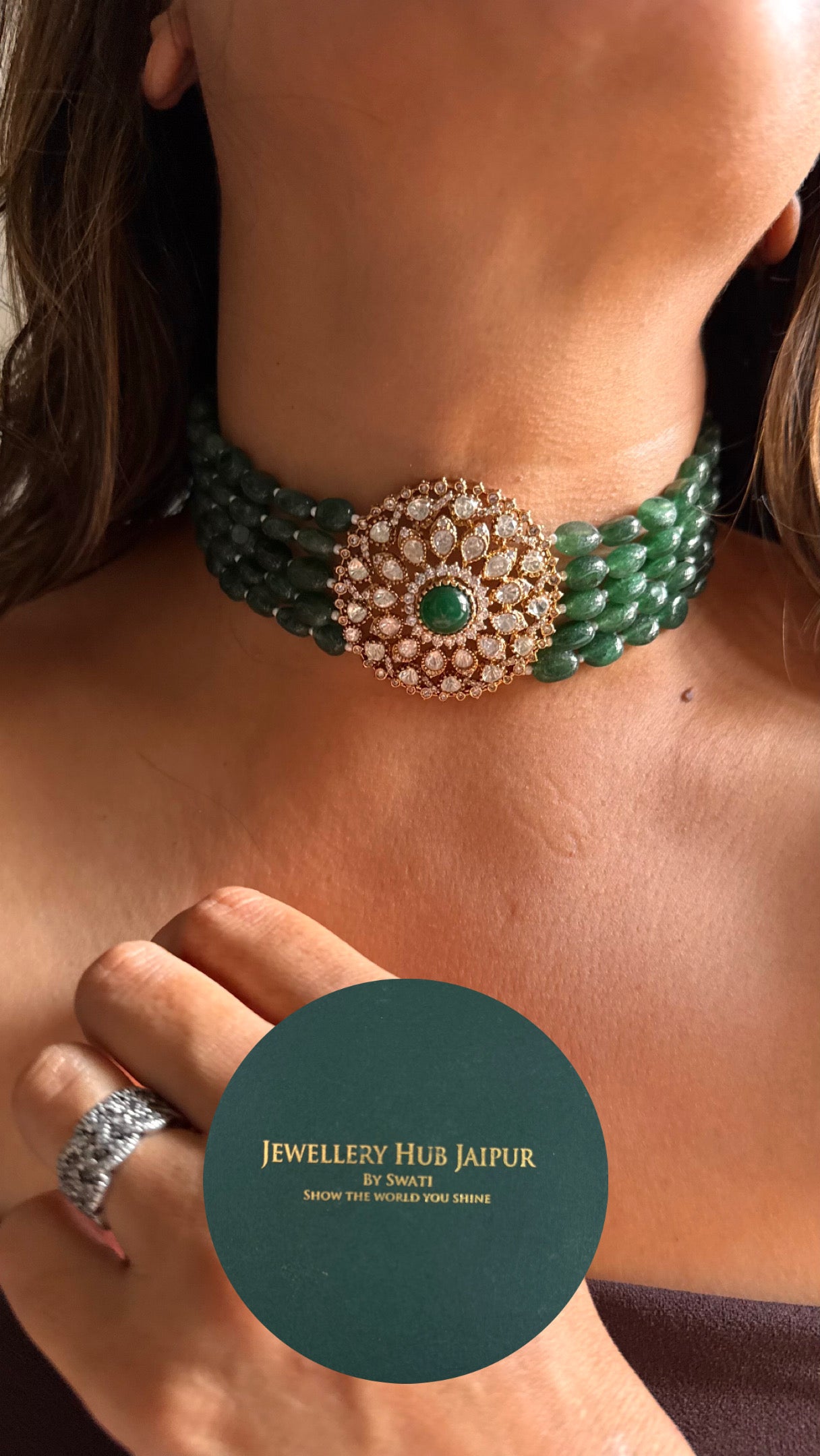 Emerald pearl detailing with Moissanite polki choker Necklace