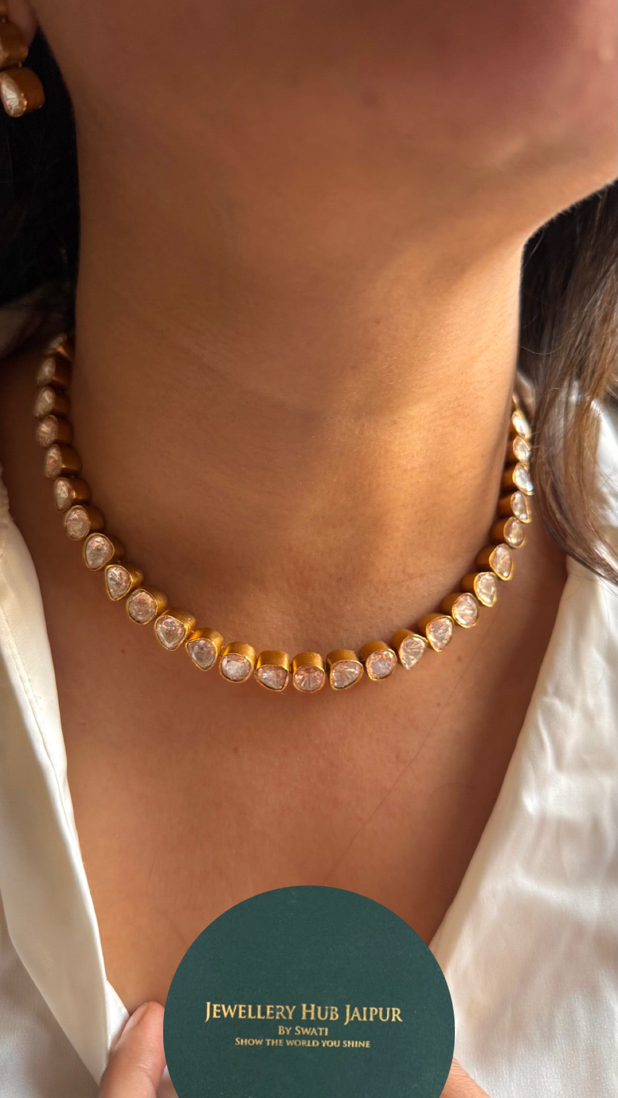 Single line real moissanite peeli polki collar necklace set