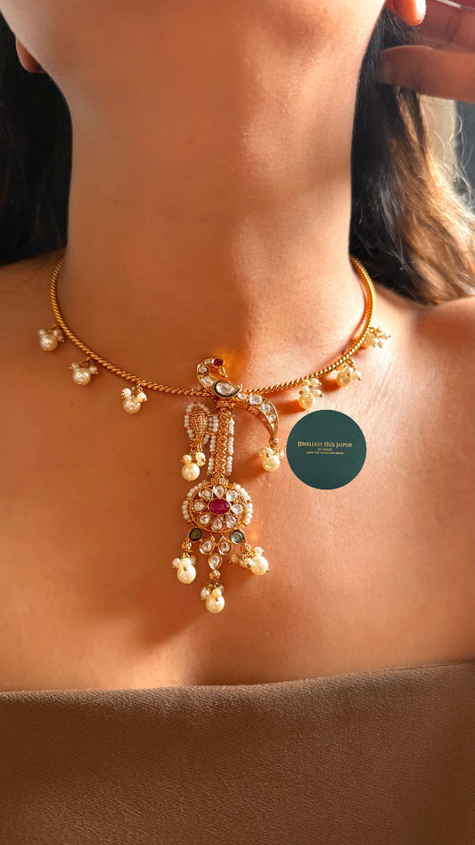 Ruby moissanite floral peacock design hasli with pearl drops