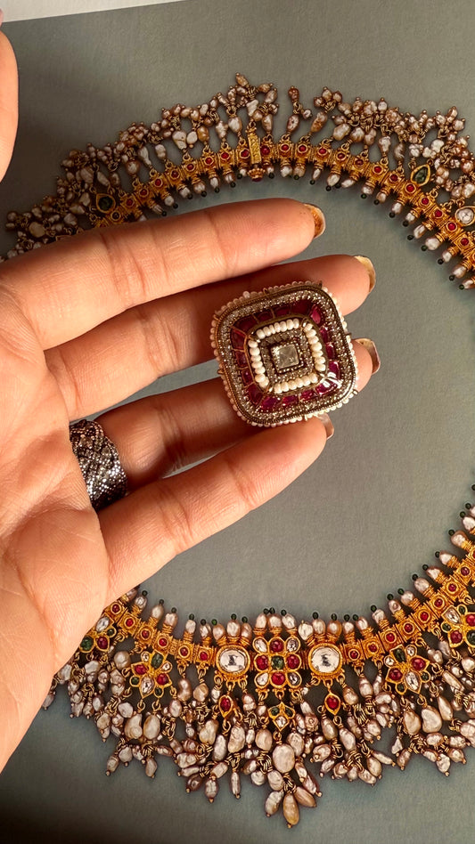 Rani pink katdana white pearl adjustable ring