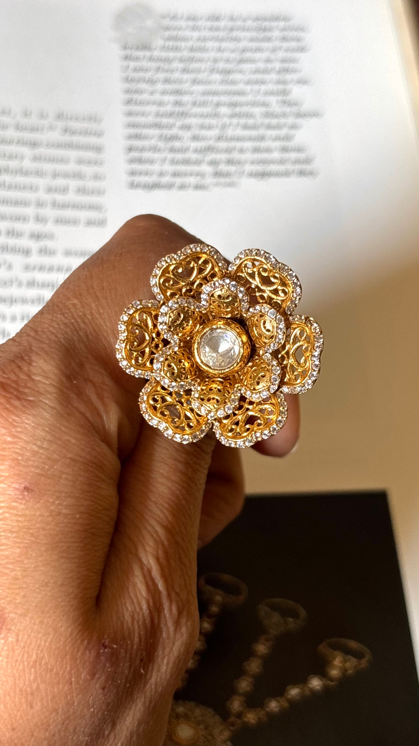 Moissanite with floral pattern polki Ring