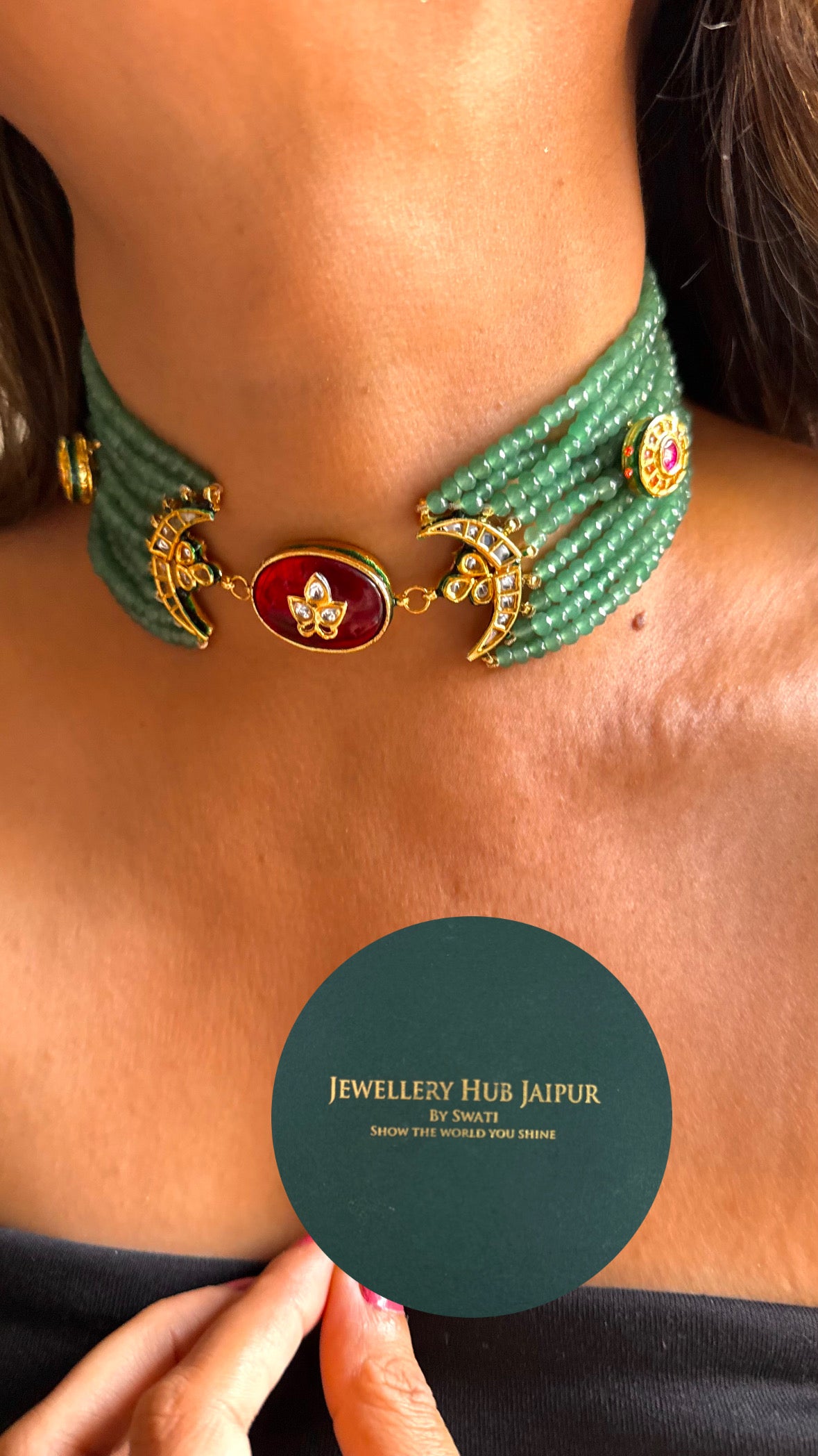 Ruby inlay half moon shape emerald meenakari thread choker Necklace set