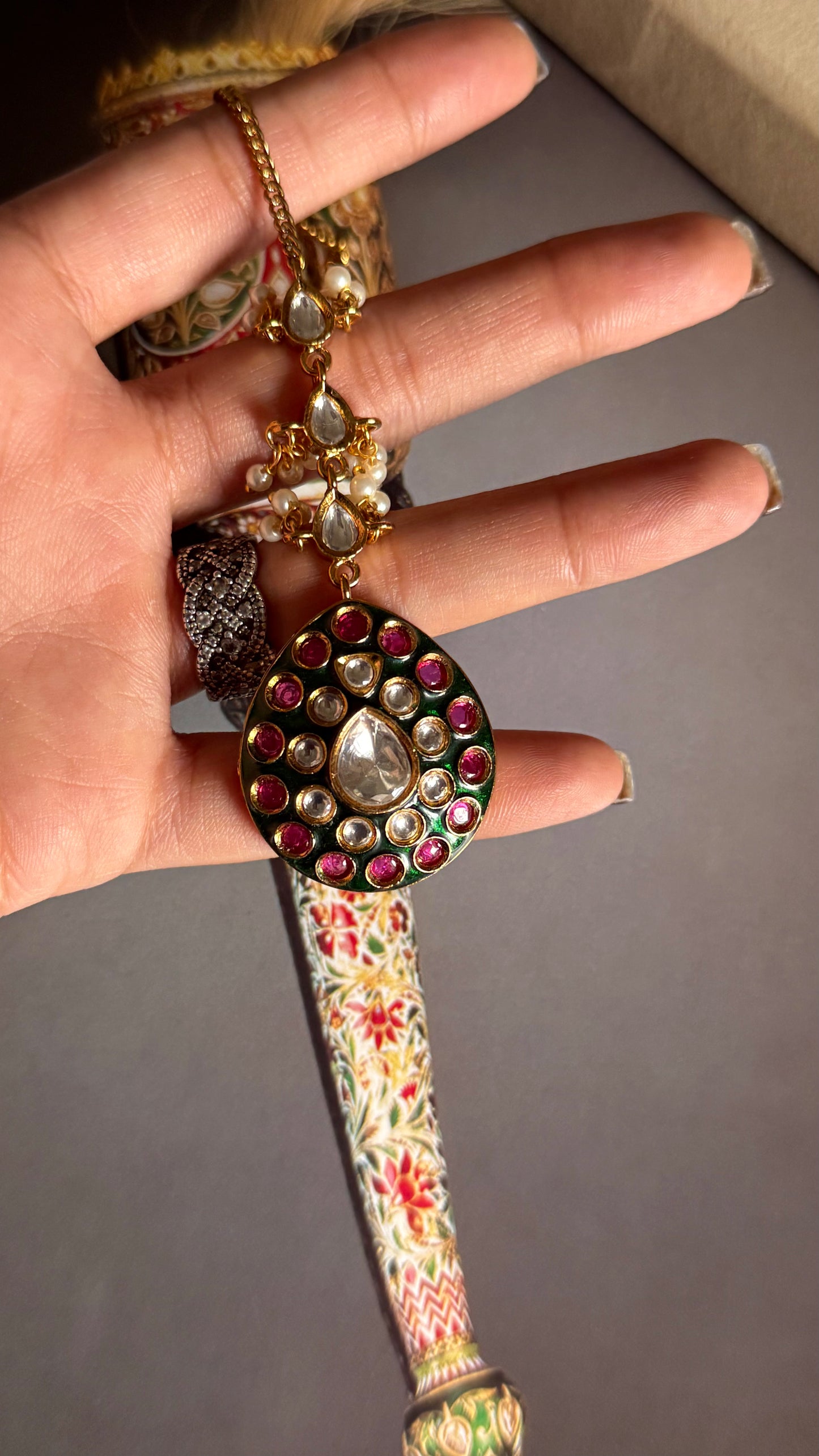 Emerald meenakari & ruby Moissanite polki maangtika