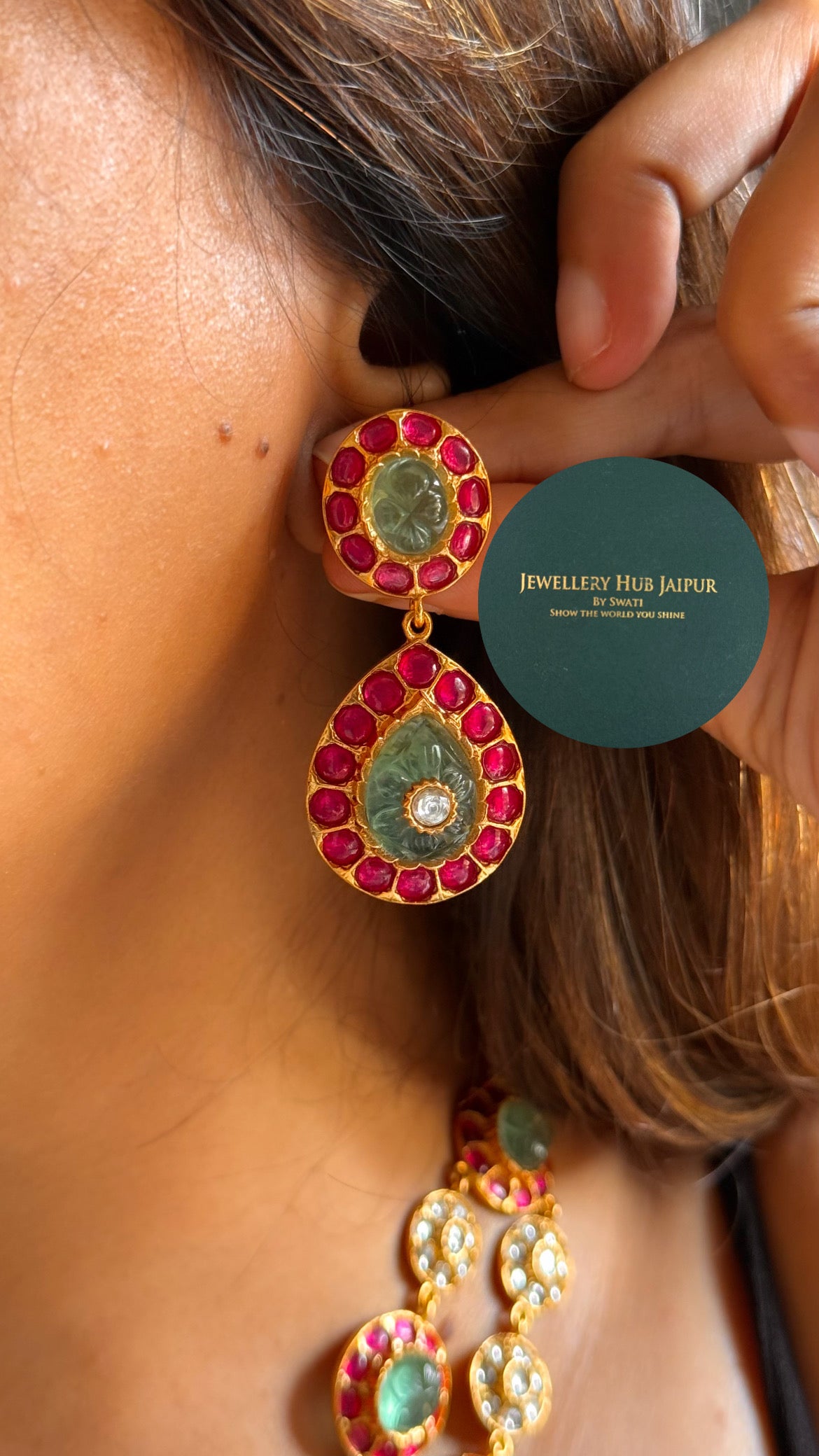 Amrapali inspired Natural stone Mint & rani pink dual layer collar set