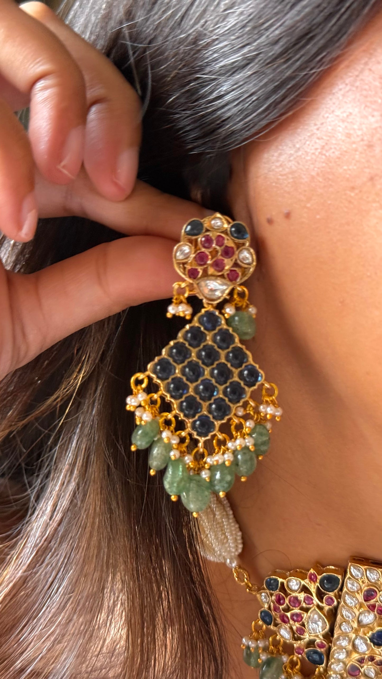 Paachi Kundan Jadaau sapphire &ruby  mint drops  thread choker necklace