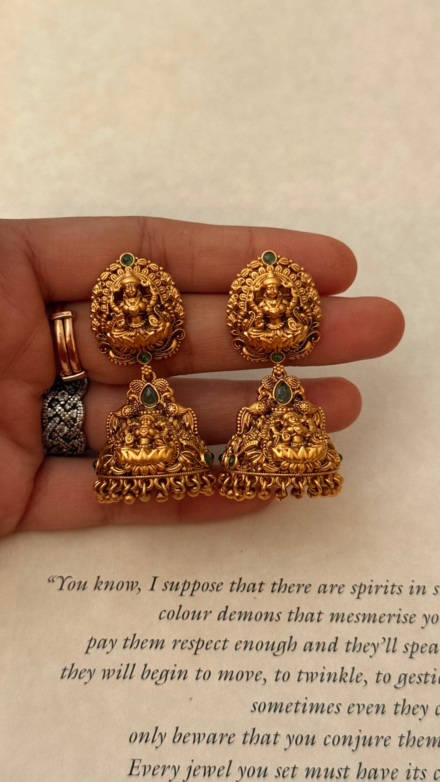 Goddess laxmi with emerald jhumka