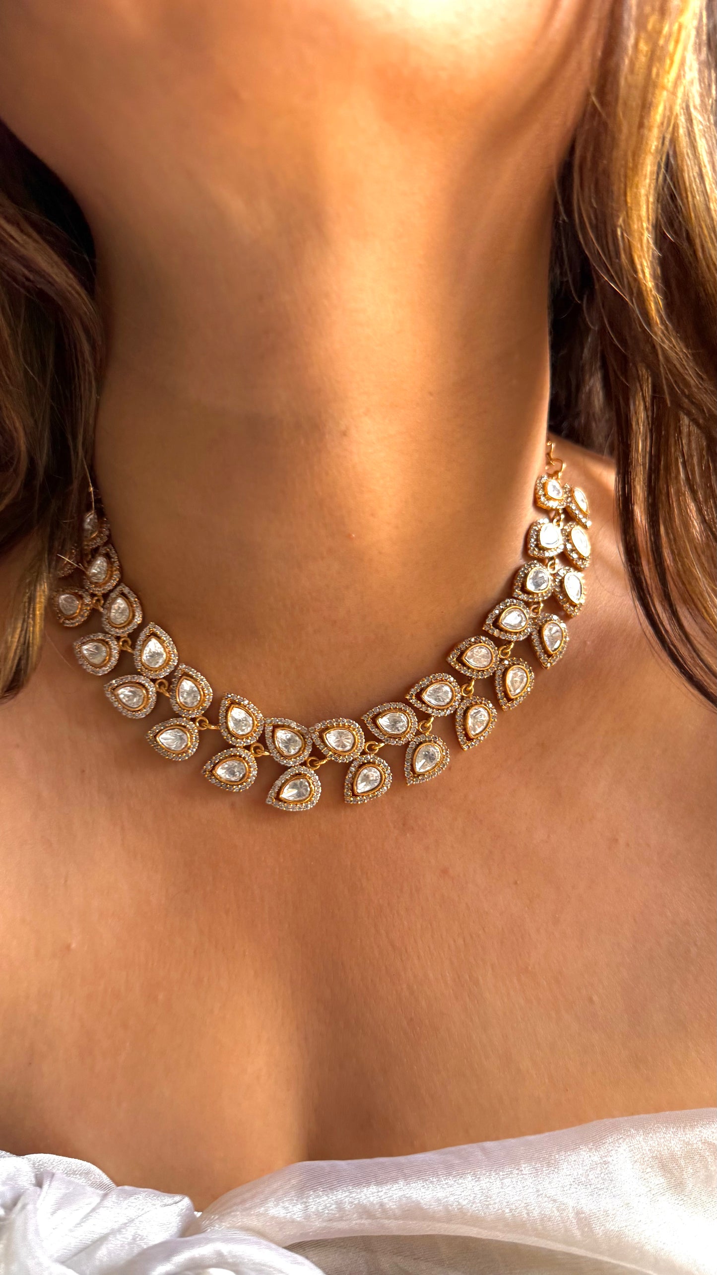 Leaf vine designer white polki necklace set